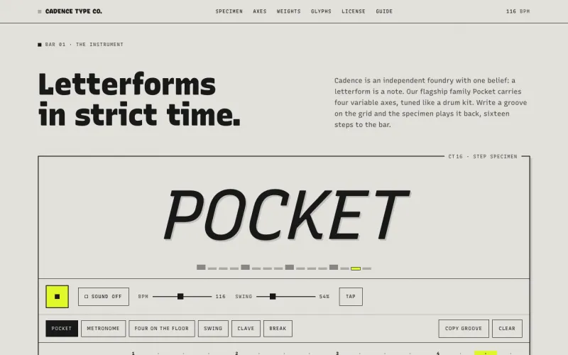 Screenshot of Cadence Type Co: the POCKET specimen above a step sequencer