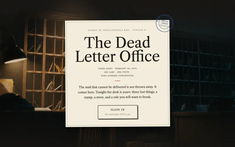 Screenshot of The Dead Letter Office: a cream intake card over a lamplit wall of pigeonholes