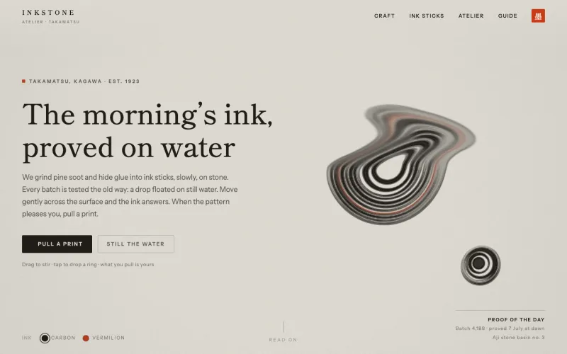Screenshot of Inkstone Atelier: marbled ink rings floating on paper white
