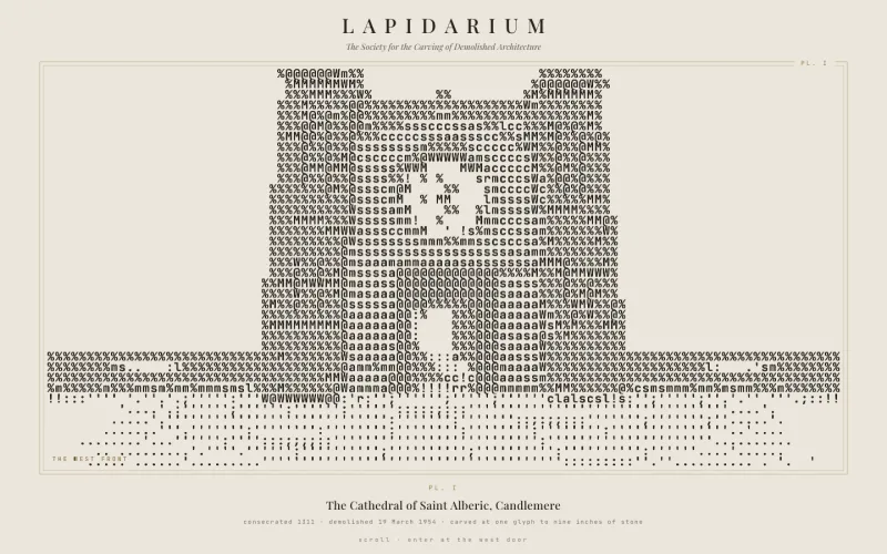 Screenshot of Lapidarium: a cathedral nave rendered in charcoal glyphs on ivory