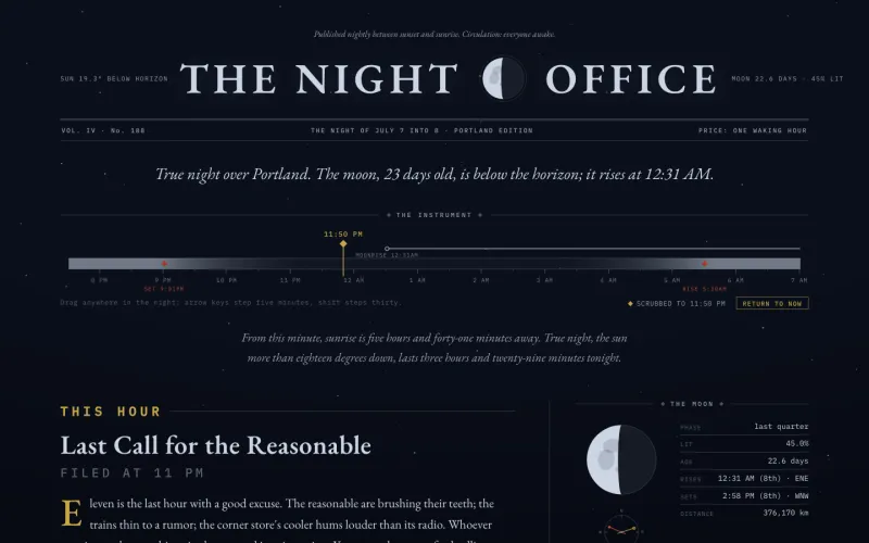 Screenshot of The Night Office: a broadsheet masthead with the moon drawn at its true phase