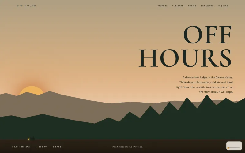 Screenshot of Off Hours: a drawn desert dawn with layered ridgelines