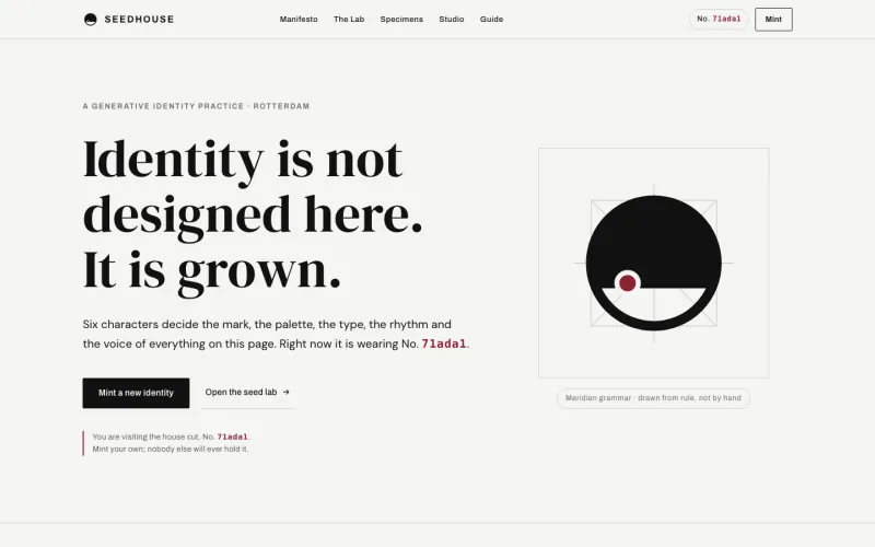 Screenshot of Seedhouse: a geometric logomark on construction guides beside a serif manifesto
