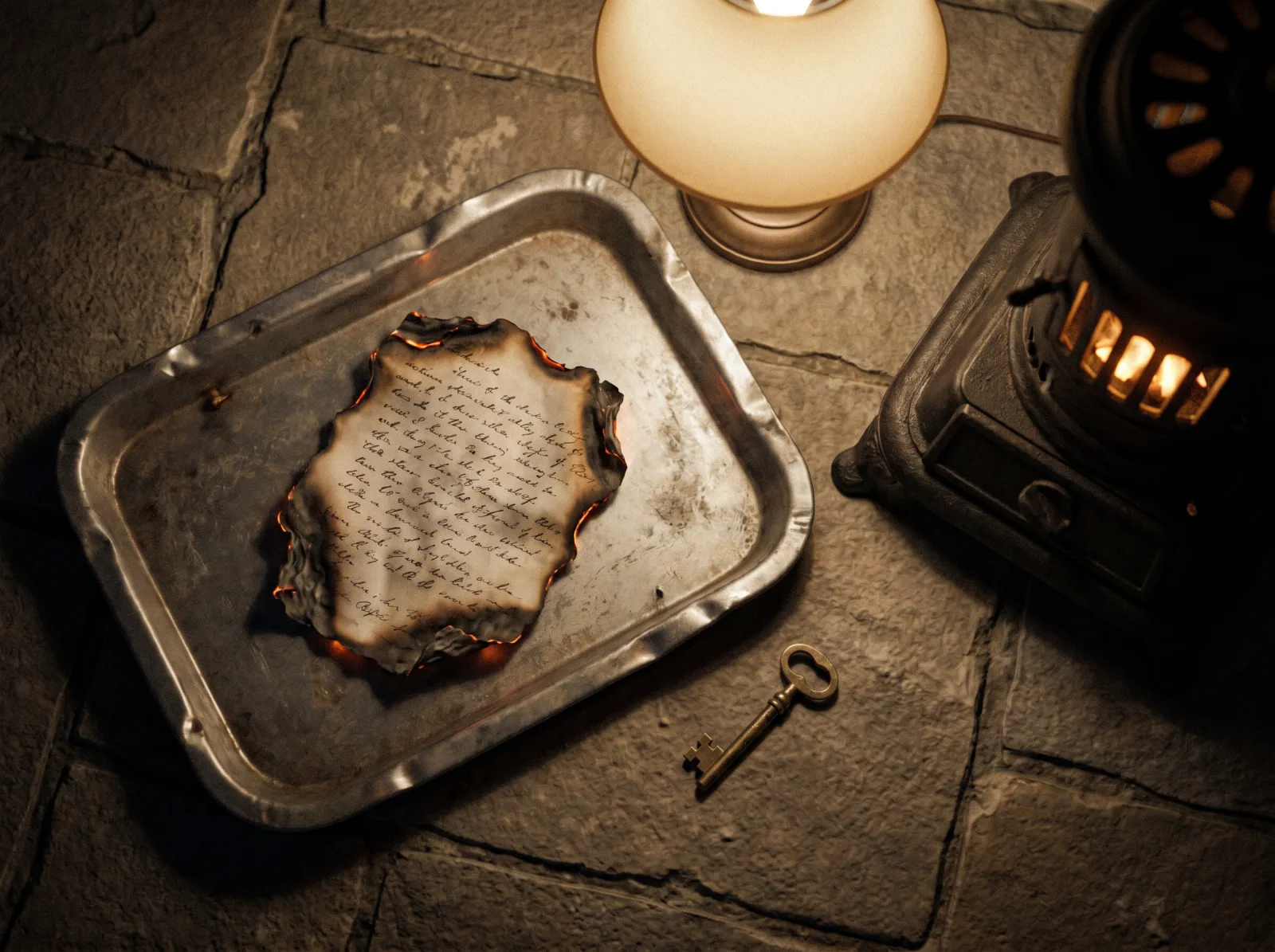 A metal tray holding a half burned letter, edges charred, beside an oil lamp and an iron stove.