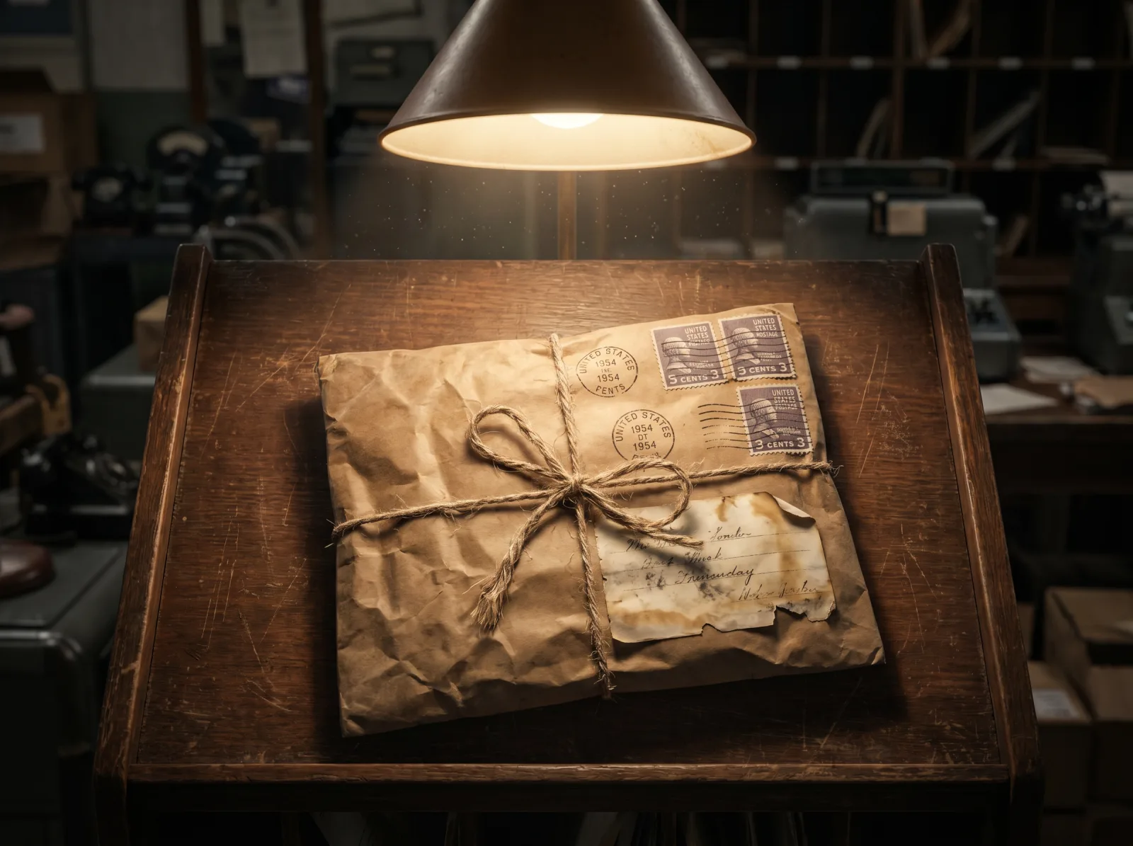 A brown paper parcel tied with twine under a cone of lamplight, stamps and postmarks on its face.