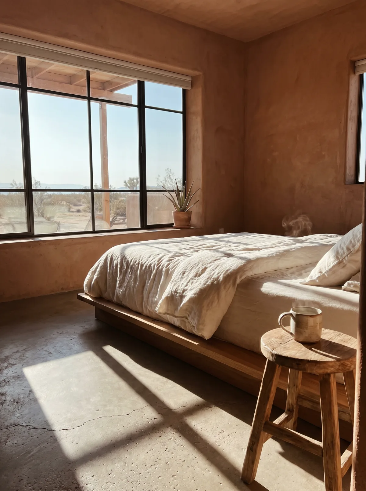 A small bedroom in morning light: white bedding under a wool blanket, plaster walls, a wooden chair by the window.