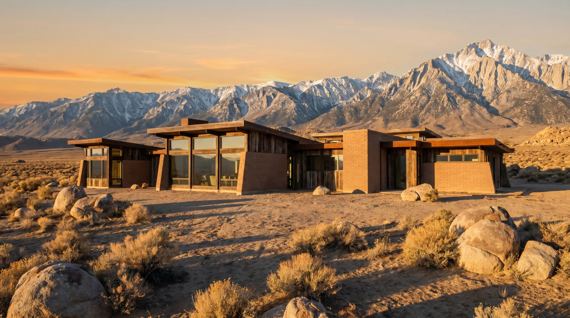 Adobe lodge at golden hour, low sun raking across mud walls and sagebrush, the dark Sierra crest rising behind.