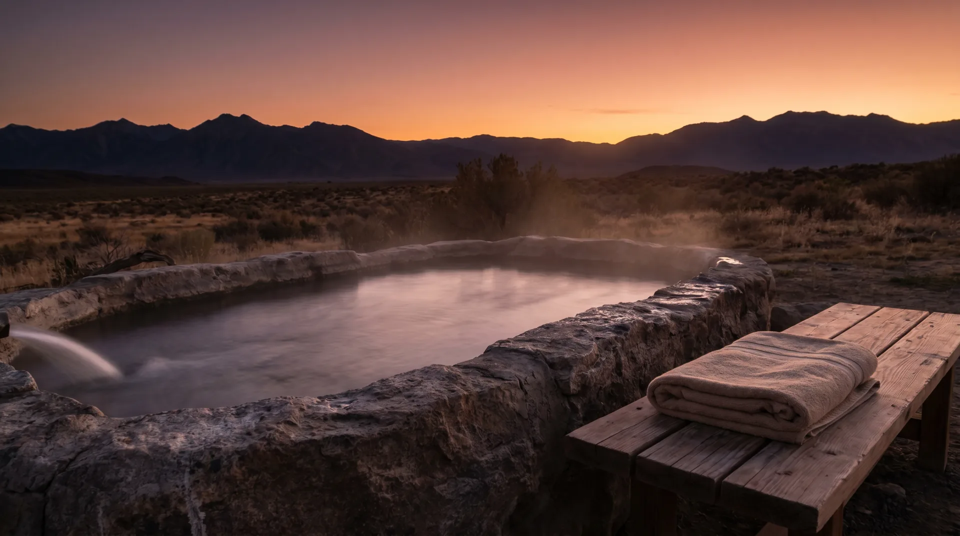 A stone-lined hot spring pool steaming at dusk, terracotta sky fading over the dark Sierra silhouette.